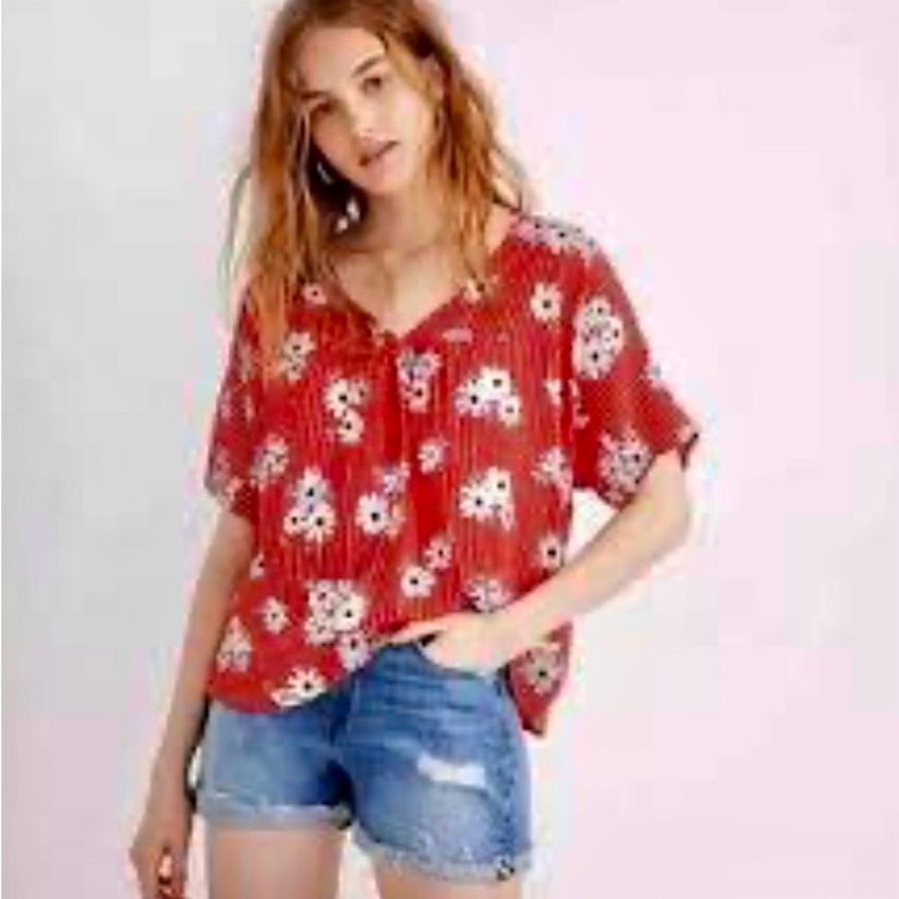 Madewell Rhyme Top in Daisy Society High Low Cap Sleeves Pinstripes Red Size S - Picture 2 of 12